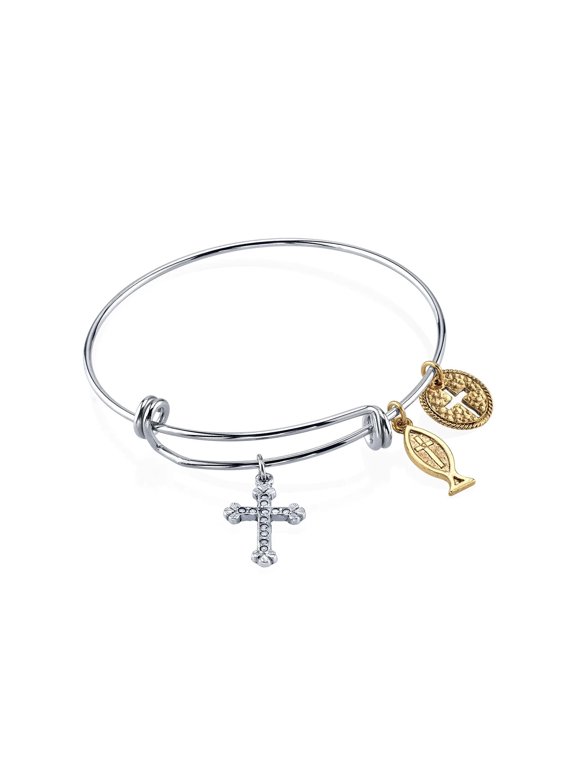 1928 Jewelry Bangle Bracelet with Cross Fish and Medallion Charms