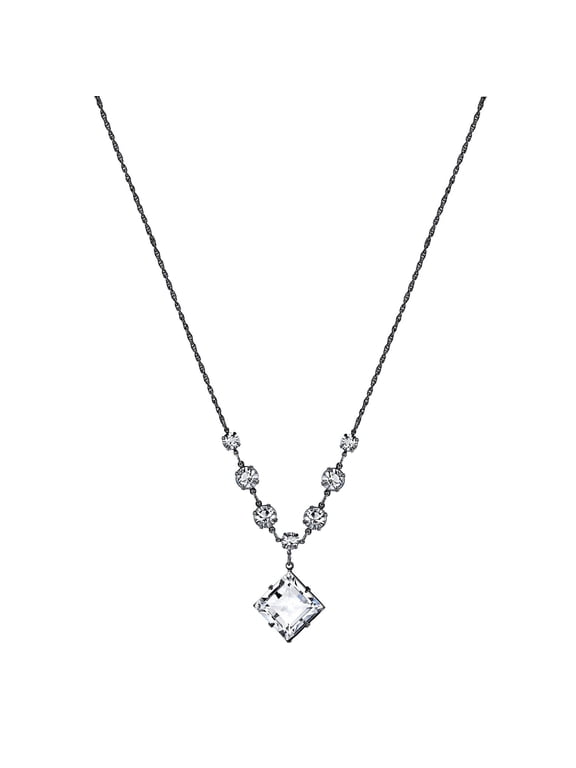 1928 Jewelry Black Chain Square Austrian Crystal Element Pendant Necklace For Women 16" + 3" Extender