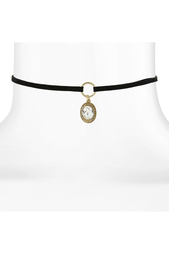 1928 Jewelry Black Choker With Oval Crystal Pendant Drop Necklace For Women 12" + 5" Extender