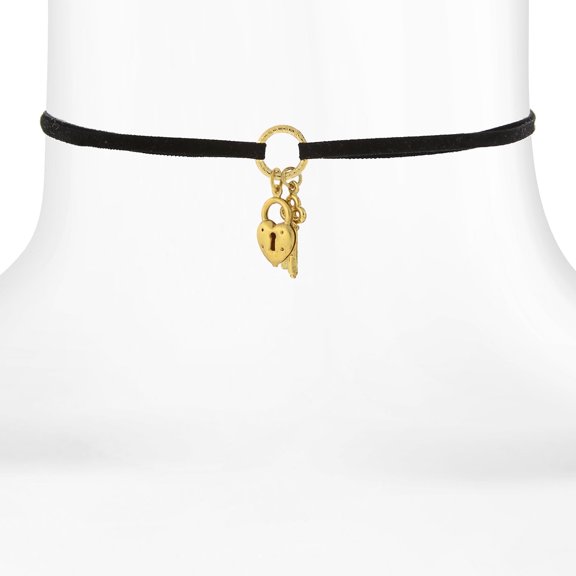 1928 Jewelry Black Suede Choker With Heart And Key Charm Drops Necklace For Women 12" + 5" Extender