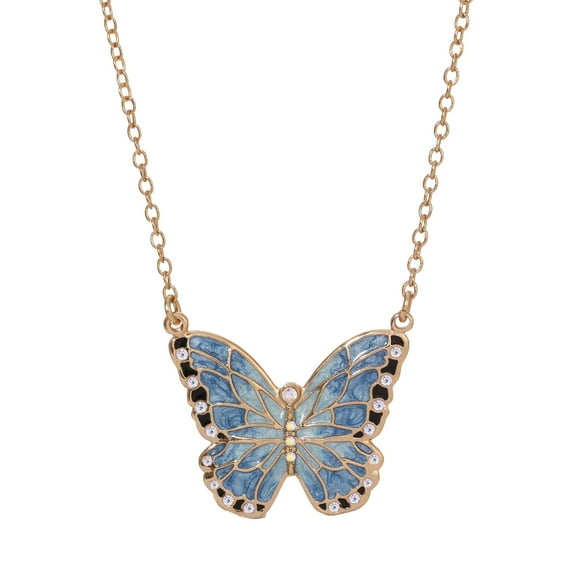 1928 Jewelry Blue Enamel Crystal Butterfly Pendant Necklace For Women 18" + 3" Extender