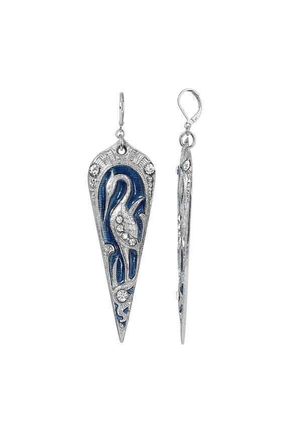 1928 Jewelry Blue Enamel Crystal Crane Earrings