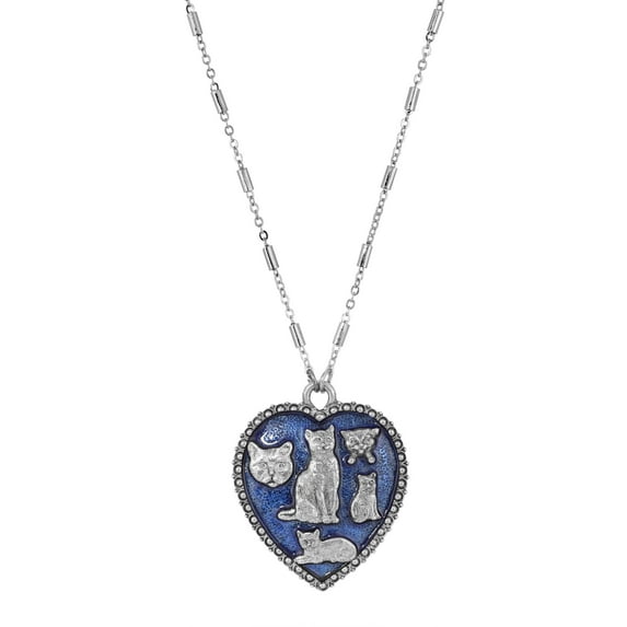 1928 Jewelry Blue Enamel Heart Clowder Of Cats Pendant Necklace 28L