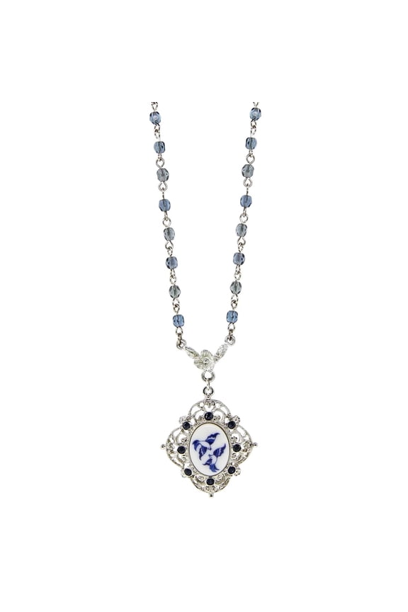 1928 Jewelry Blue Willow Blue Beaded Chain Oval Drop Pendant Necklace For Women 16" + 3" Extender