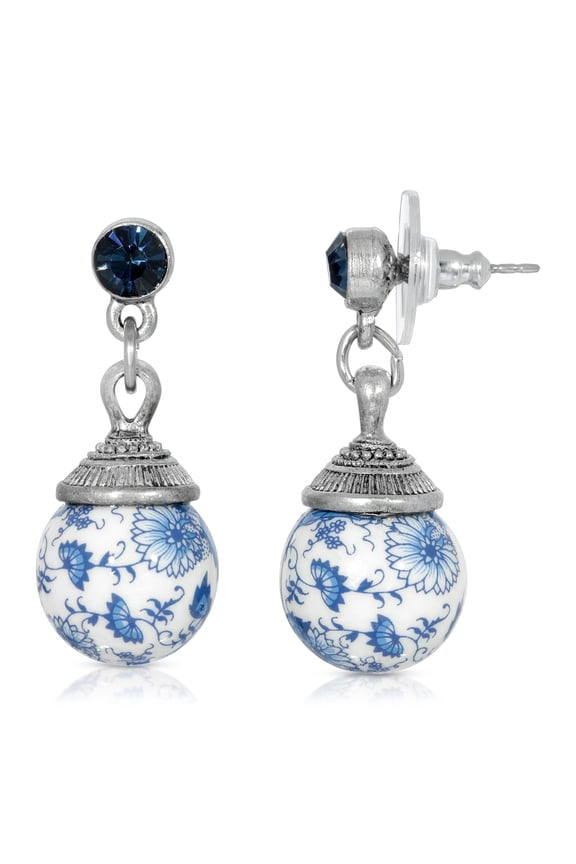 1928 Jewelry Blue Willow Round Beaded Post Drop Earrings