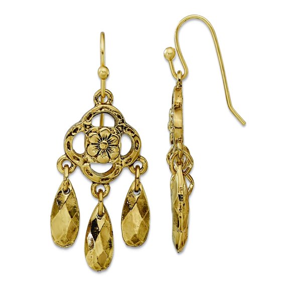 Finest Gold 1928 Jewelry Brass-Tone Flower & Faceted Teardrop Dangle Earrings