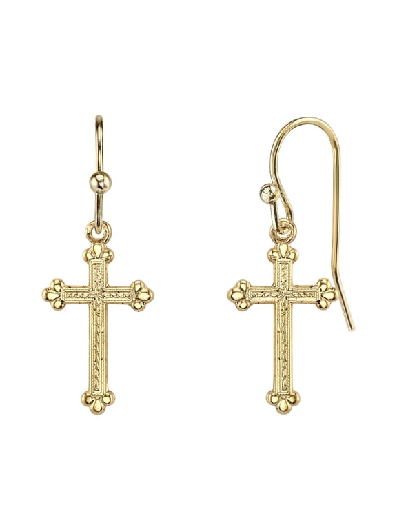 1928 Spiritual Gold Budded Cross Drop Earrings