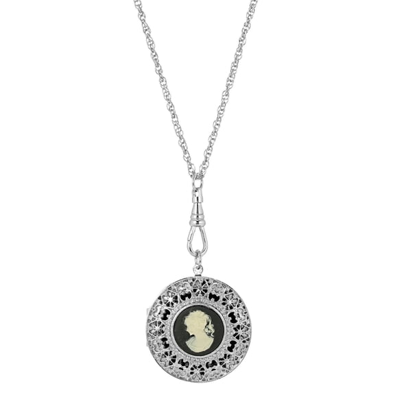 1928 Jewelry Classic Cameo Silver Round Filigree Locket Pendant Necklace For Women 30 Inch