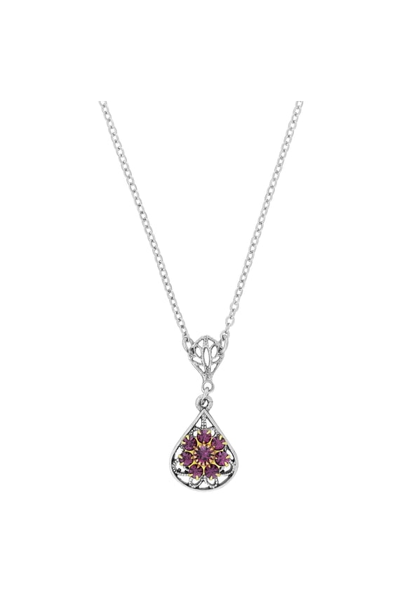 1928 Jewelry Clear Flower Crystal Cluster Teardrop Filigree Pendant Necklace For Women 16" + 3" Extender