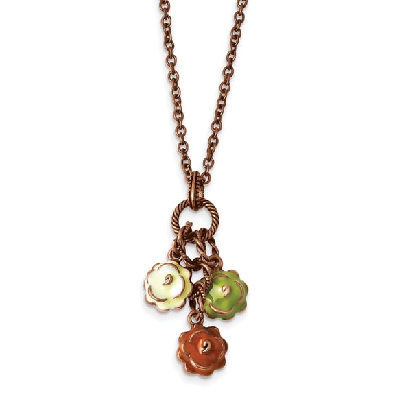 Finest Gold 1928 Jewelry Copper-Tone Textured Links Green Orange & Light Green Enameled Flower Dangle Adjustable 16 in. Necklace with 3 in. Extension