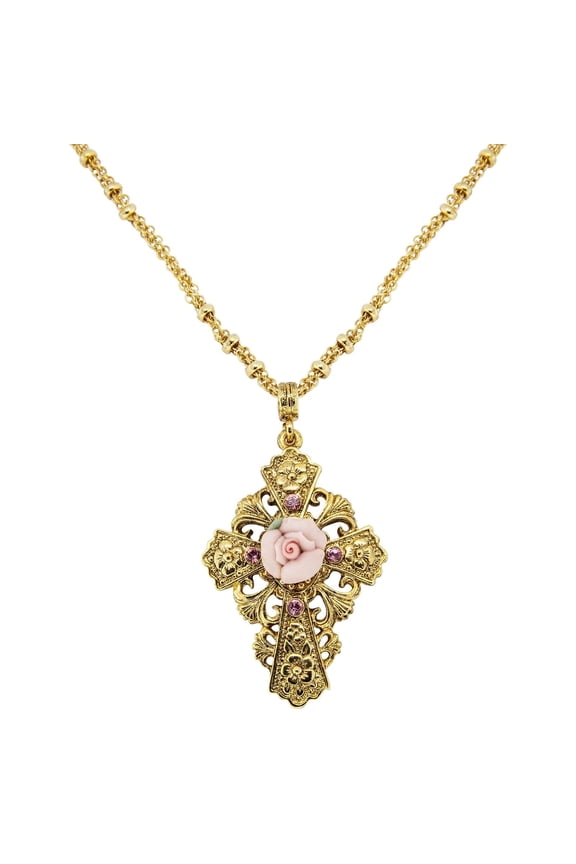 1928 Jewelry Cross Porcelain Rose Cross Pendant Necklace For Women 18 Inch Chain