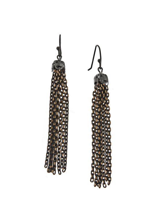 1928 Jewelry Eclipse Black And Gold Medium Chain Tassel Drop Earrings