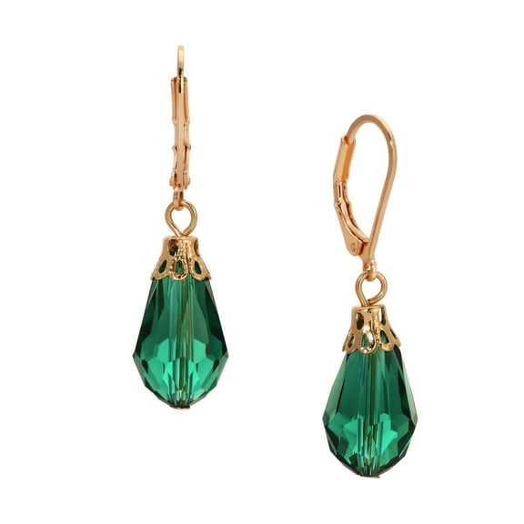 1928 Jewelry Emerald Green Teardrop Crystal Bead Allure 14K Gold Dipped Drop Earrings
