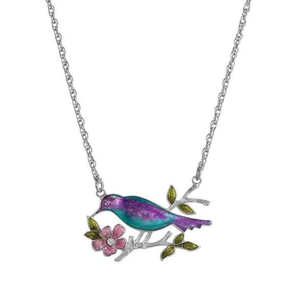 1928 Jewelry Enameled Perched Bird Pendant Necklace 18