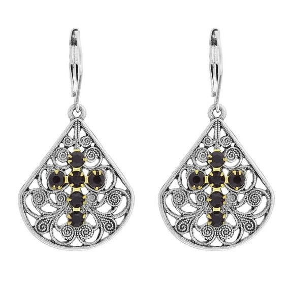 1928 Jewelry Fancy Filigree Fan Garnet Austrian Crystal Cross Drop Earrings