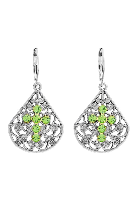1928 Jewelry Fancy Filigree Fan Peridot Green Austrian Crystal Cross Drop Earrings