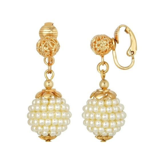 1928 Jewelry Filigree Ball Embossed Faux Pearl Bead Drop Clip On Earrings