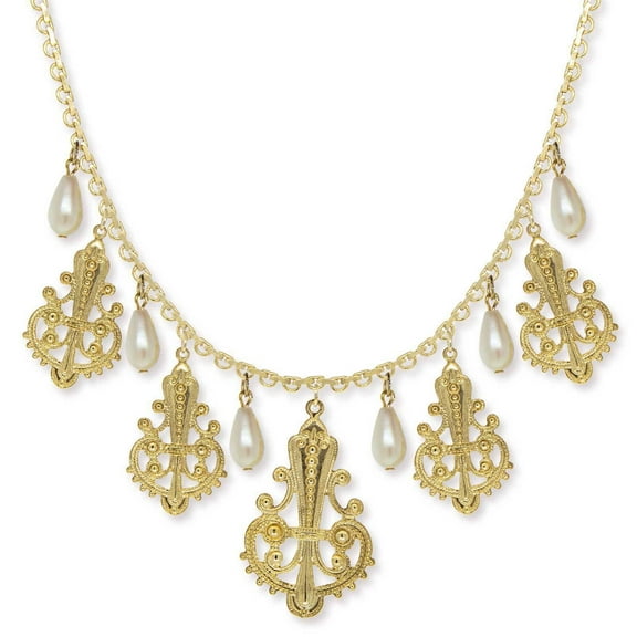 1928 Jewelry Filigree Drop With Faux Pearl Drop Necklace 16 + 3 Extender