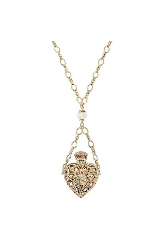 1928 Jewelry Filigree Heart Crystal Accent Glass Vial Pendant Necklace For Women 30 Inches