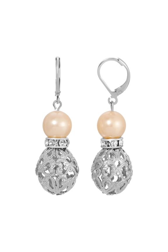 1928 Jewelry Filigree Puff Bead Light Peach Faux Pearl Drop Earrings