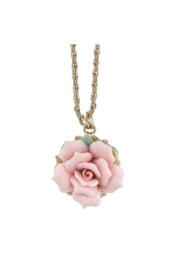 1928 Jewelry Genuine Pink Porcelain Rose Pendant Necklace For Women 16" + 3" Extender