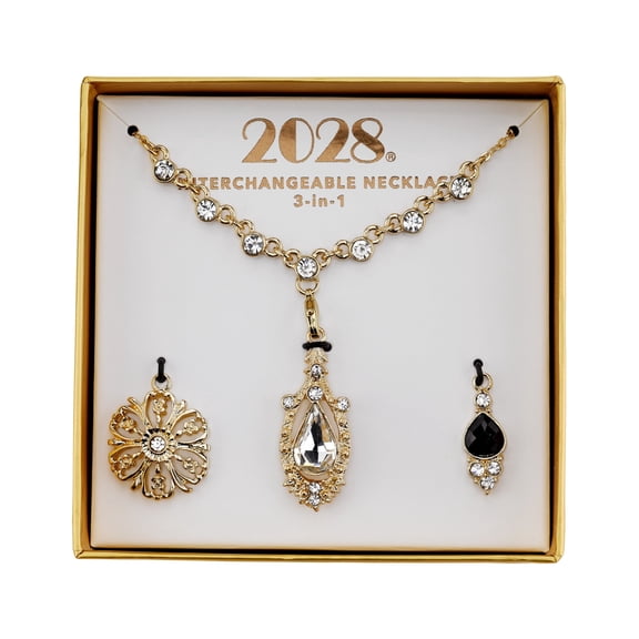 1928 Jewelry Gold Floral And Teardrop Crystal Interchangeable Pendant Necklace For Women 16" + 3" Extender Boxed Set