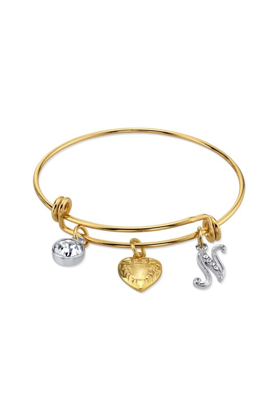 1928 Jewelry Gold Heart Initial Crystal Charm Bangle Bracelet, 2.5"Letter N