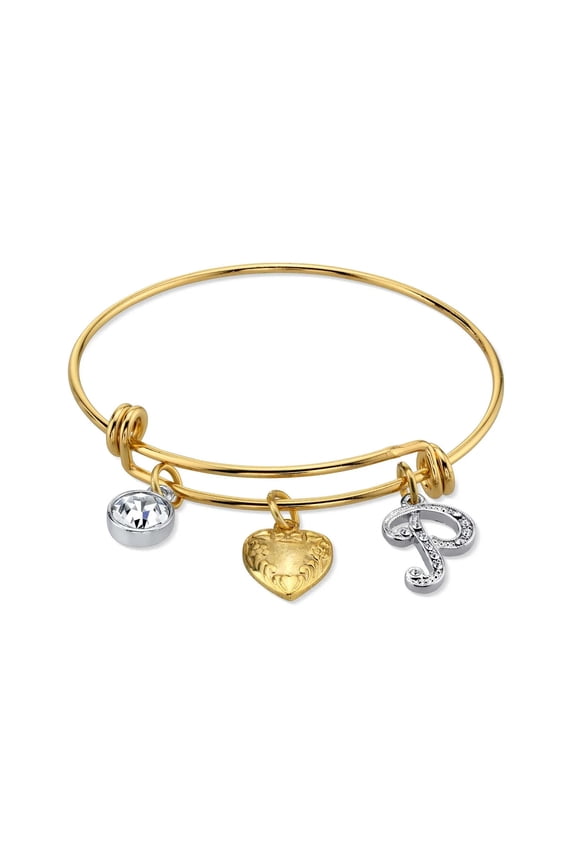 1928 Jewelry Gold Heart Initial Crystal Charm Bangle Bracelet, 2.5"Letter P