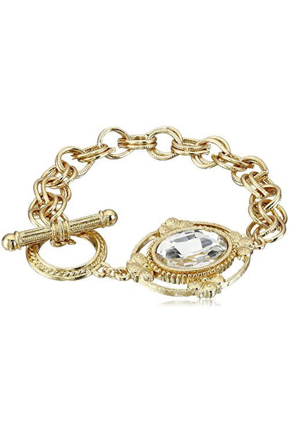 1928 Jewelry Gold Tone Crystal Faceted Oval Stone Toggle Link Charm Bracelet (Gold)