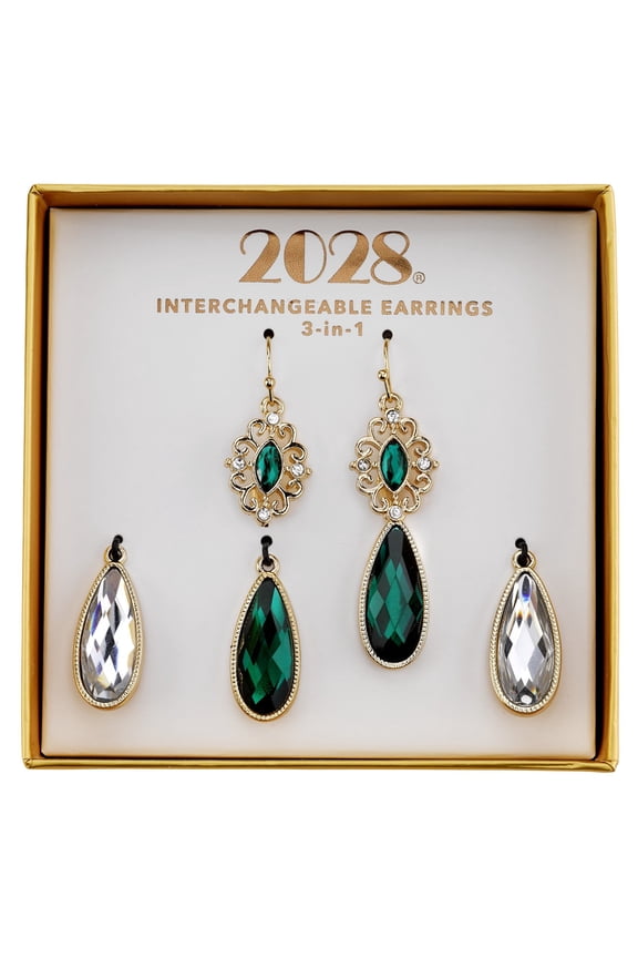 1928 Jewelry Gold Tone Green And Crystal Interchangeable Earrings Boxed Set