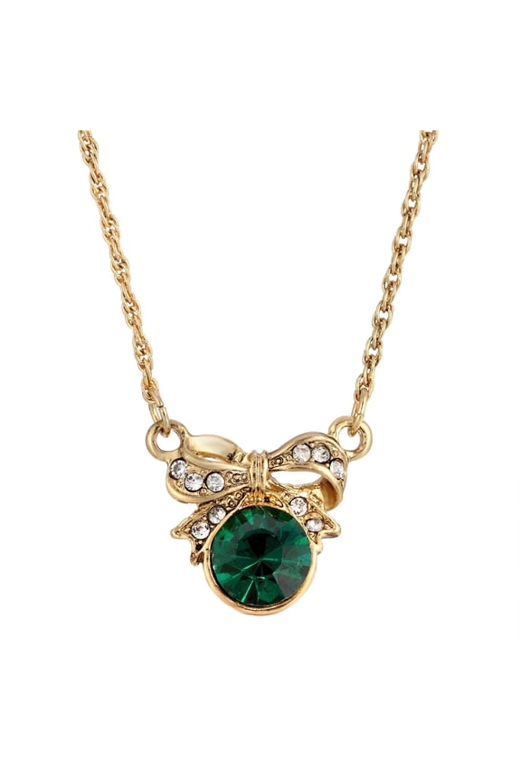 1928 Jewelry Gold-Tone Green Center Stone Petite Edwardian Bow Pendant Necklace For Women 16" + 3" Extender