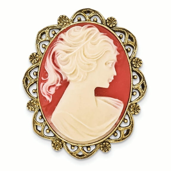 1928 Jewelry Gold-tone Filigree Frame Ivory Colored Lady Acrylic Cameo Pin Brooch QBF2534