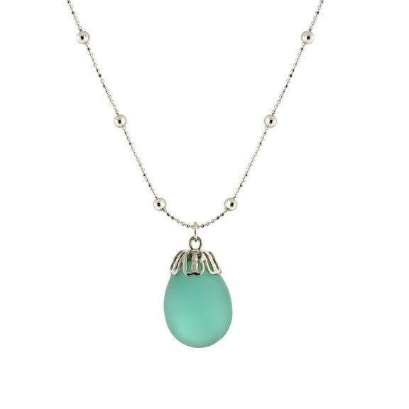 1928 Jewelry Green Frosted Glass Egg Pendant Beaded Chain Necklace For Women 16" + 3" Extender