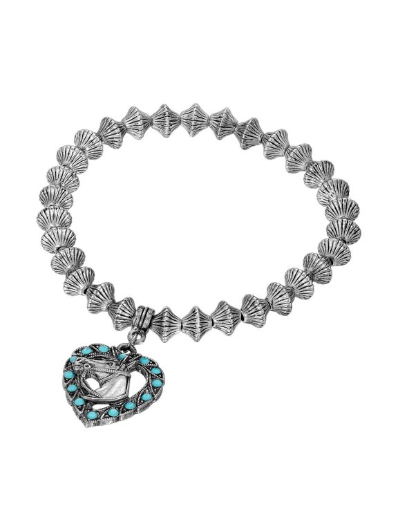 1928 Jewelry Heart Horse Head Turquoise Crystal Lantern Bead Stretch Bracelet