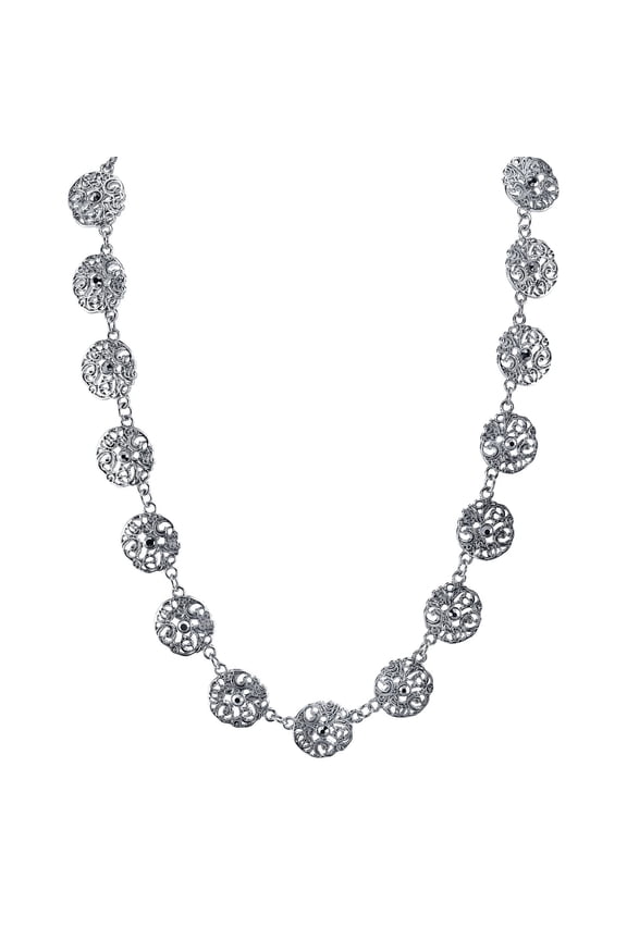 1928 Jewelry Hematite Crystal Filigree Disk Collar Necklace For Women 16" + 3" Extender