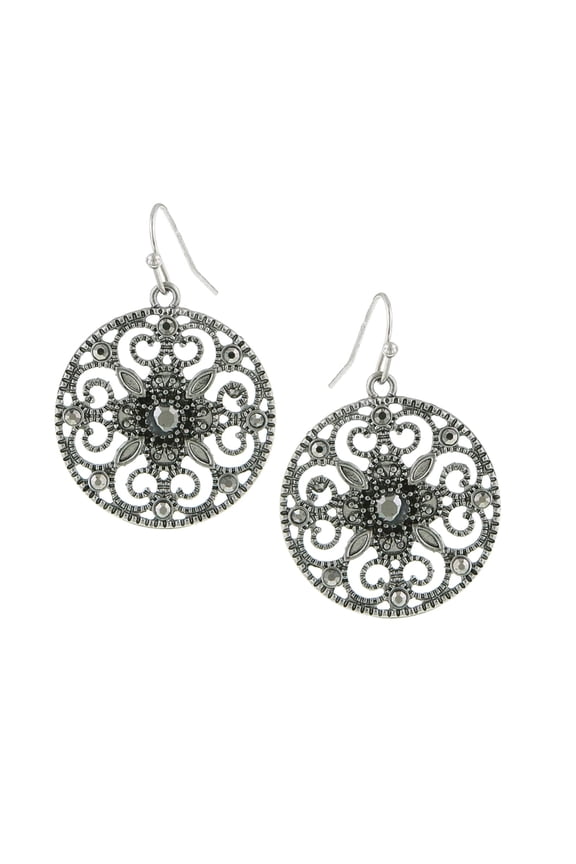 1928 Jewelry Hematite Round Filigree Drop Earrings