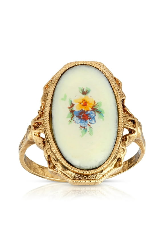 1928 Jewelry Ivory Enamel Blue & Yellow Flower Ring