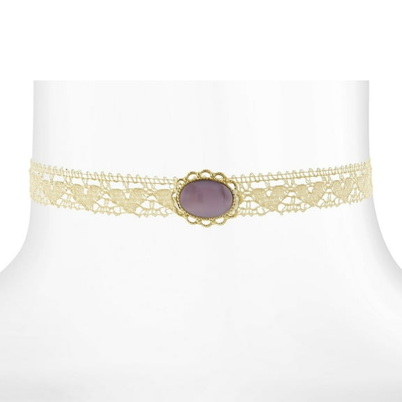 1928 Jewelry Ivory Heart Lace Choker With Moonstone Necklace For Women 12" + 5" Extension (Purple)