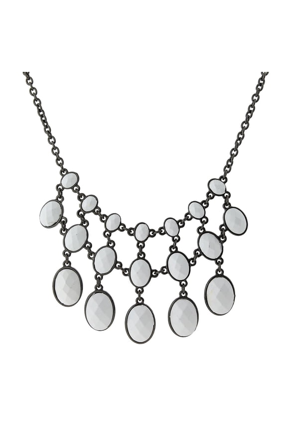 1928 Jewelry "Jeweltones" Oval White Opaque Stone Bib Strand Necklace For Women 16" + 3" Extender
