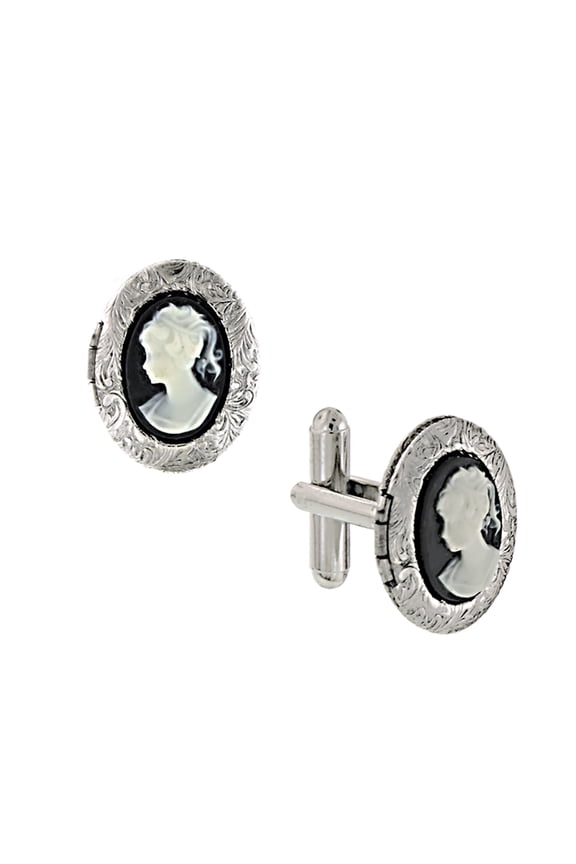 1928 Jewelry Mens Silver Tone Black Cameo Oval Photo Locket Cufflinks
