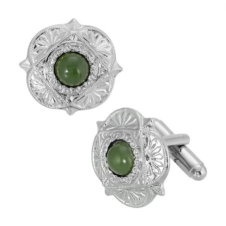 1928 Jewelry Mens Silver Tone Round Green Jade Gemstone Cufflinks