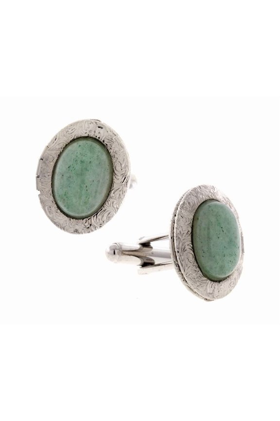 1928 Jewelry Mens Silver Tone Vintage Style Green Aventurine Gemstone Stone Oval Photo Locket Cufflinks