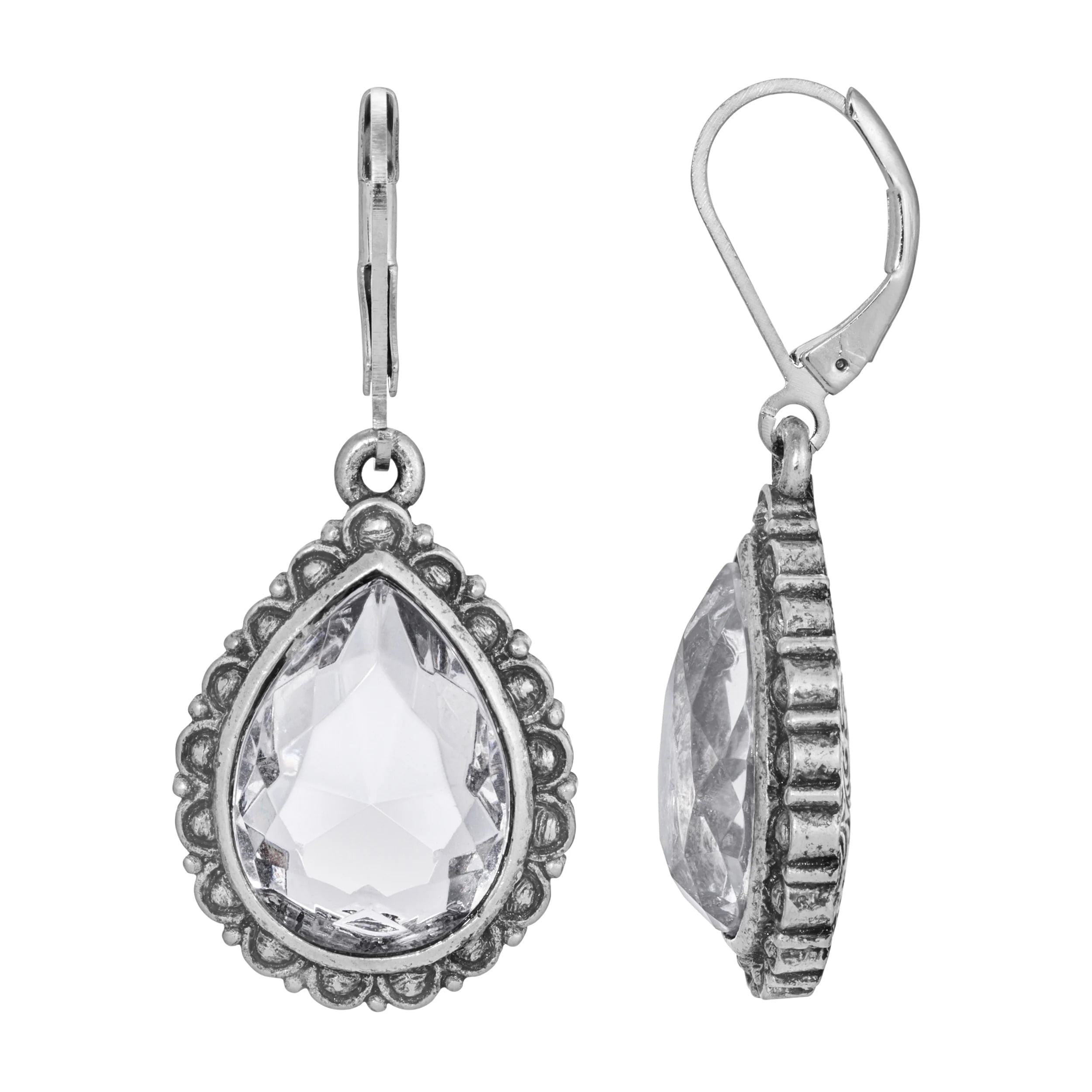 1928 Jewelry Moda Antiqued Crystal Clear Teardrop Stone Drop Earrings