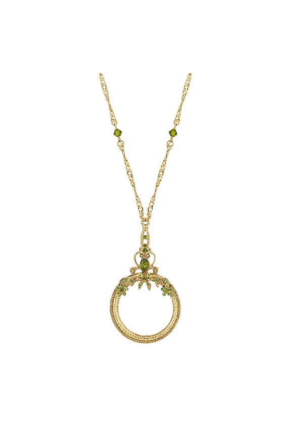 1928 Jewelry Olivine Crystal Floral Brass-Tone Magnifying Glass Pendant Necklace For Women, 30 Inch Long - Magnification Power: 2X