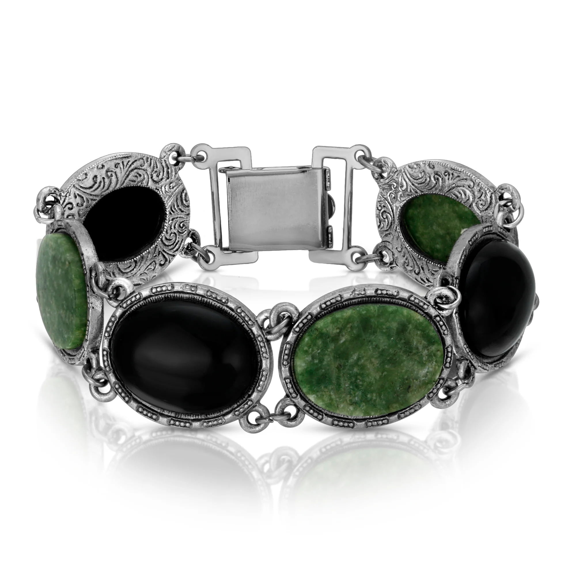 1928 Jewelry Onyx Jade Semi Precious Link Bracelet