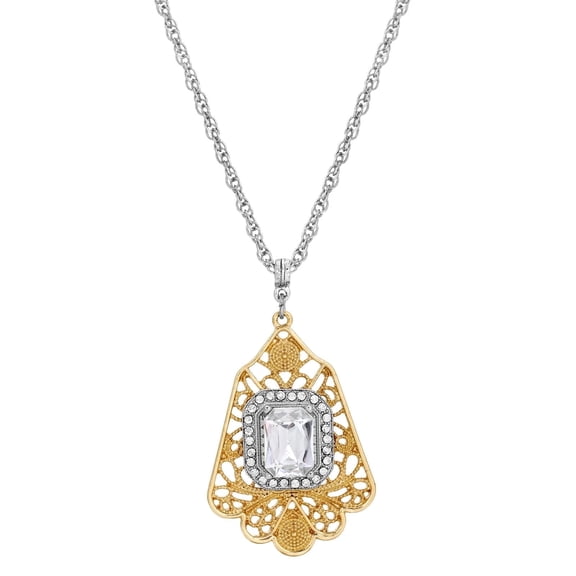 1928 Jewelry Ornate Filigree Statement Crystal Pendant Necklace 16 + 3 Extender