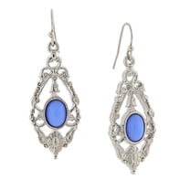 1928 Jewelry Ornate Floral Inspired Silver Tone Oval Blue Drop Earrings