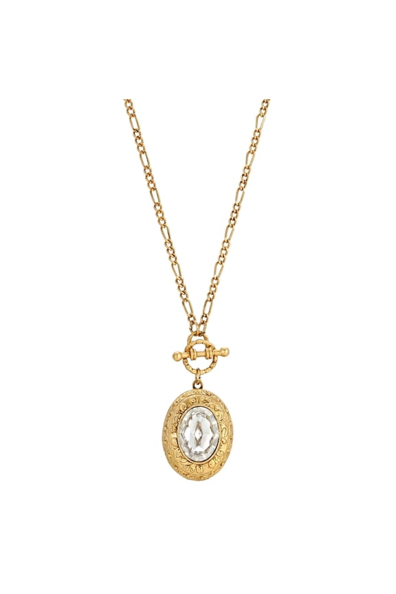 1928 Jewelry Oval Crystal Filigree Double Locket Necklace 30"