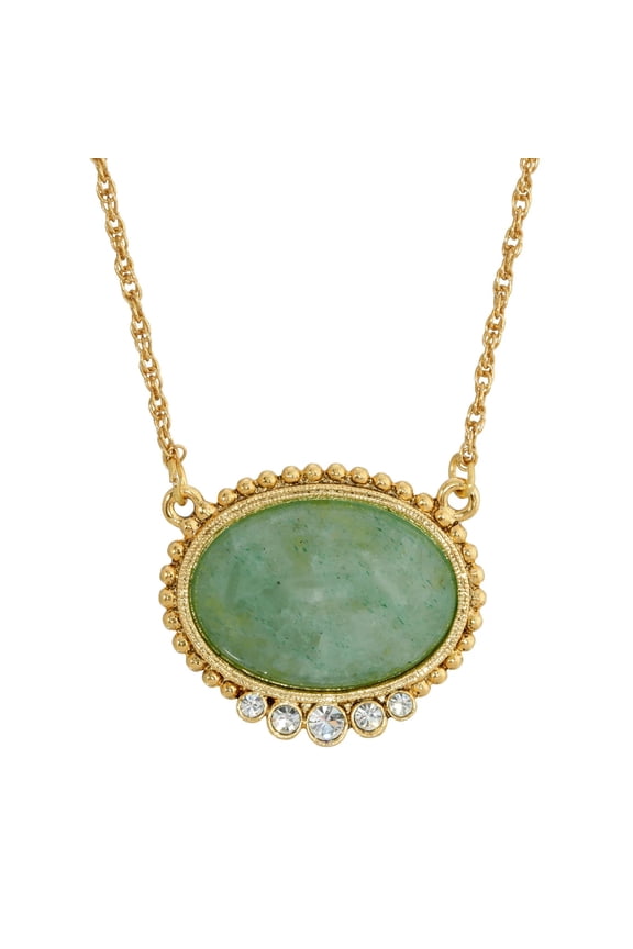 1928 Jewelry Oval Semi Precious Stone With Crystals Pendant Necklace 16