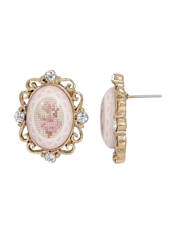 1928 Jewelry Oval Stitch Pattern Pink Rose Button Earrings